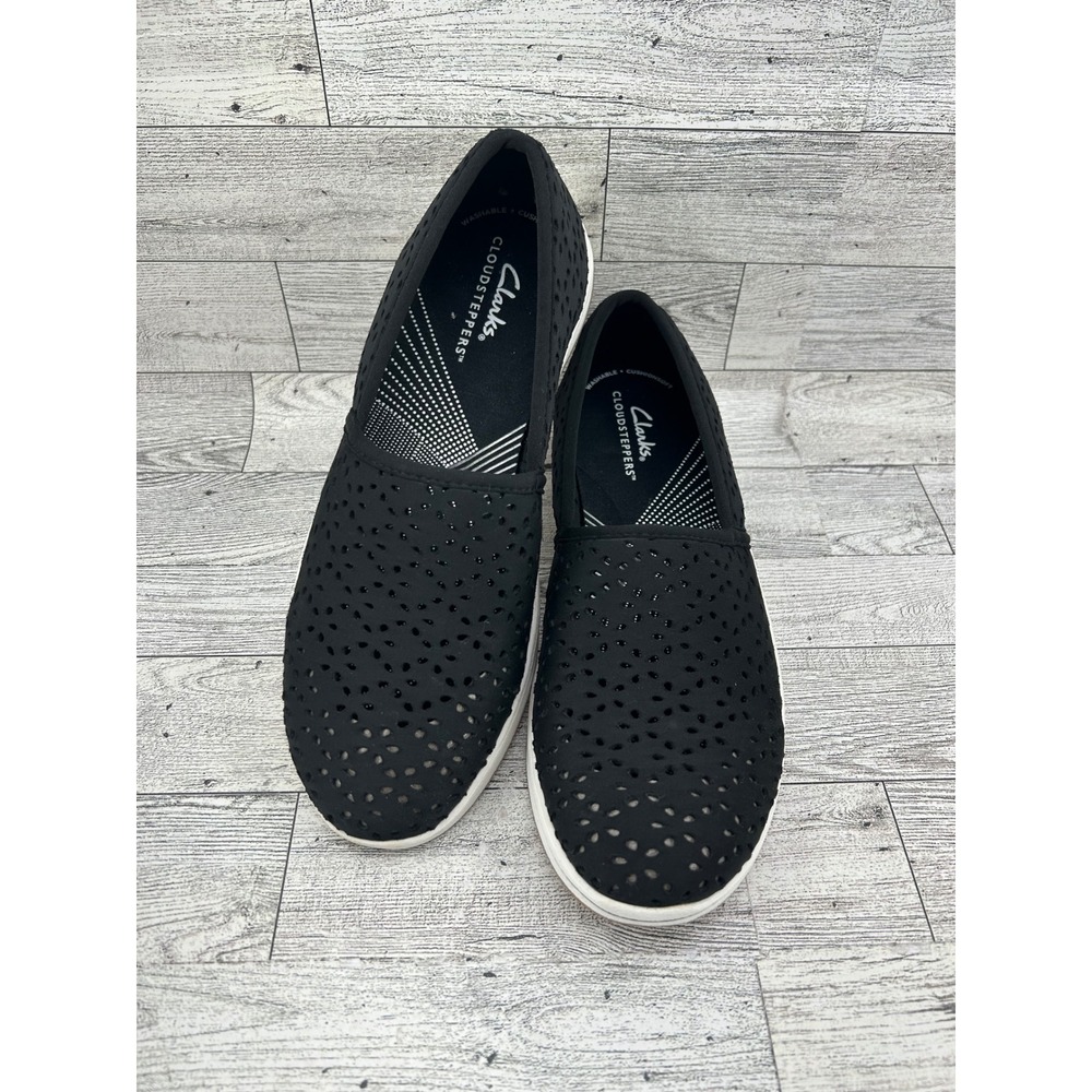 Clarks Breeze Emily Black Perforated Slip On Shoes Women's Size 6.5 M